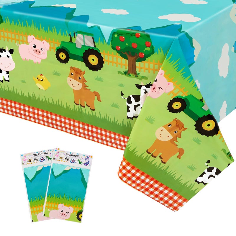 WERNNSAI 2 PCS Farm Table Cloth - Farm Animal Birthday Decorations Animal Party Tablecloth Barnyard Birthday Decorations for Kids Boys Girls Picnics Baby Shower Party Favors 54" x 108" - Image 1